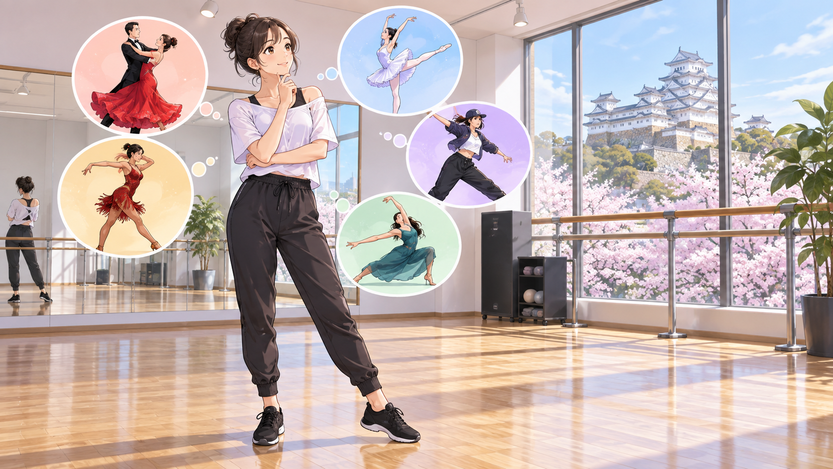 自分が踊りたいダンスのジャンルを考える女性のイラスト