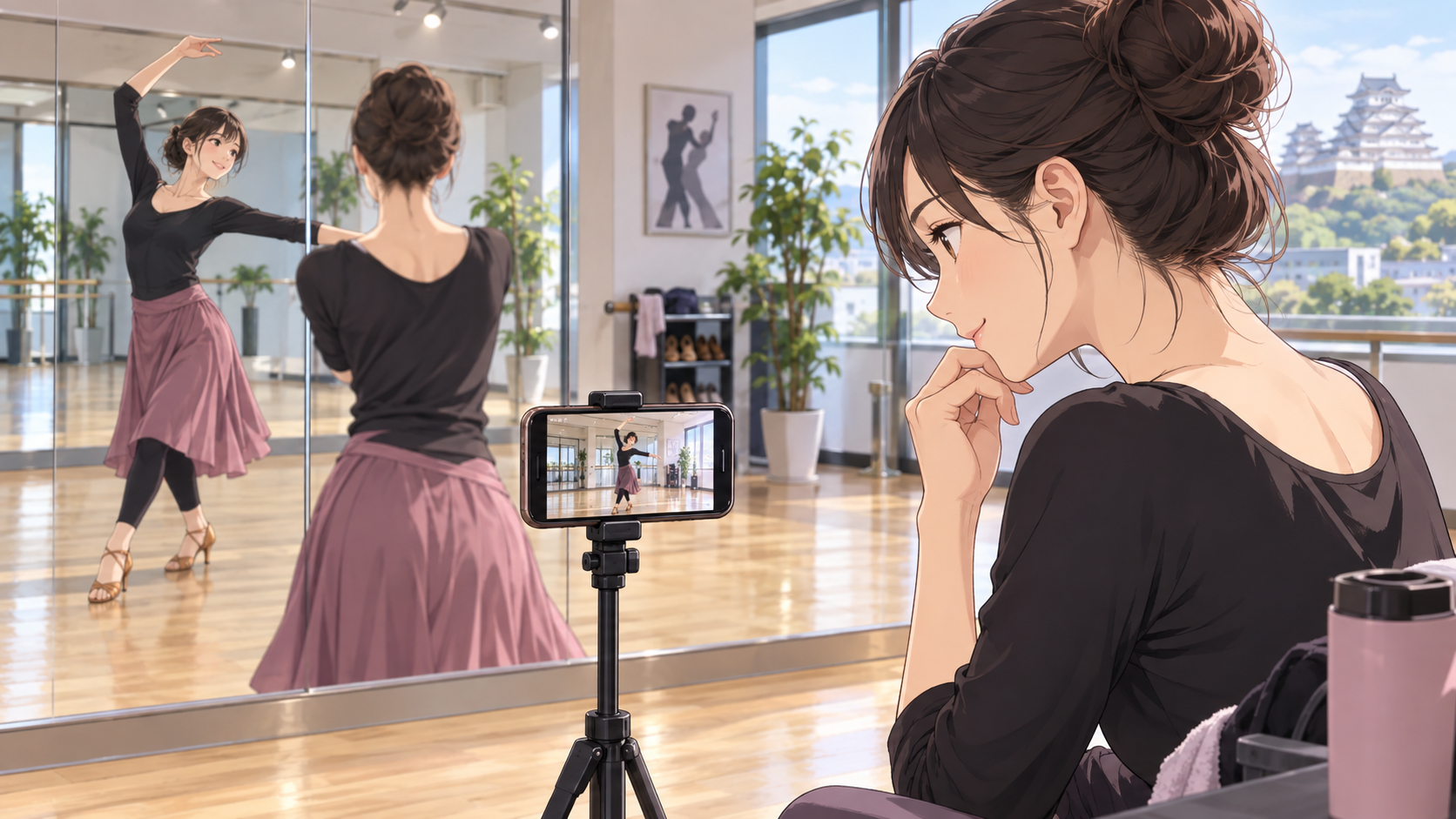 スマートフォンの動画でダンスを確認する女性のイラスト