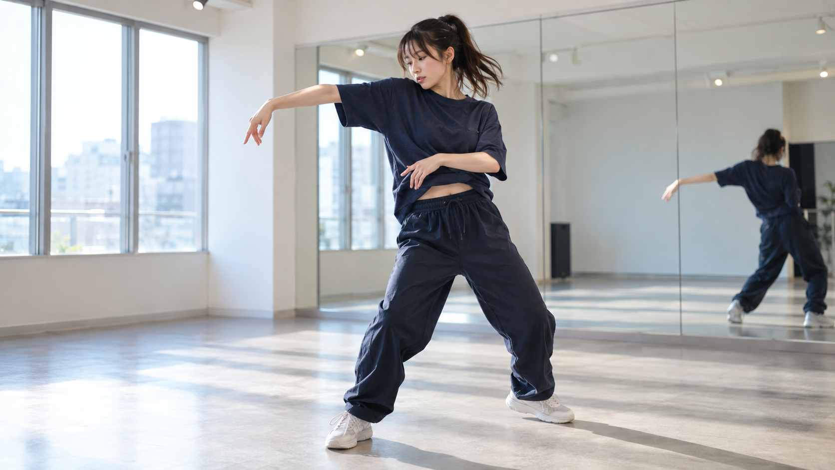 膝で拍を感じながら重心移動を練習するダンサー