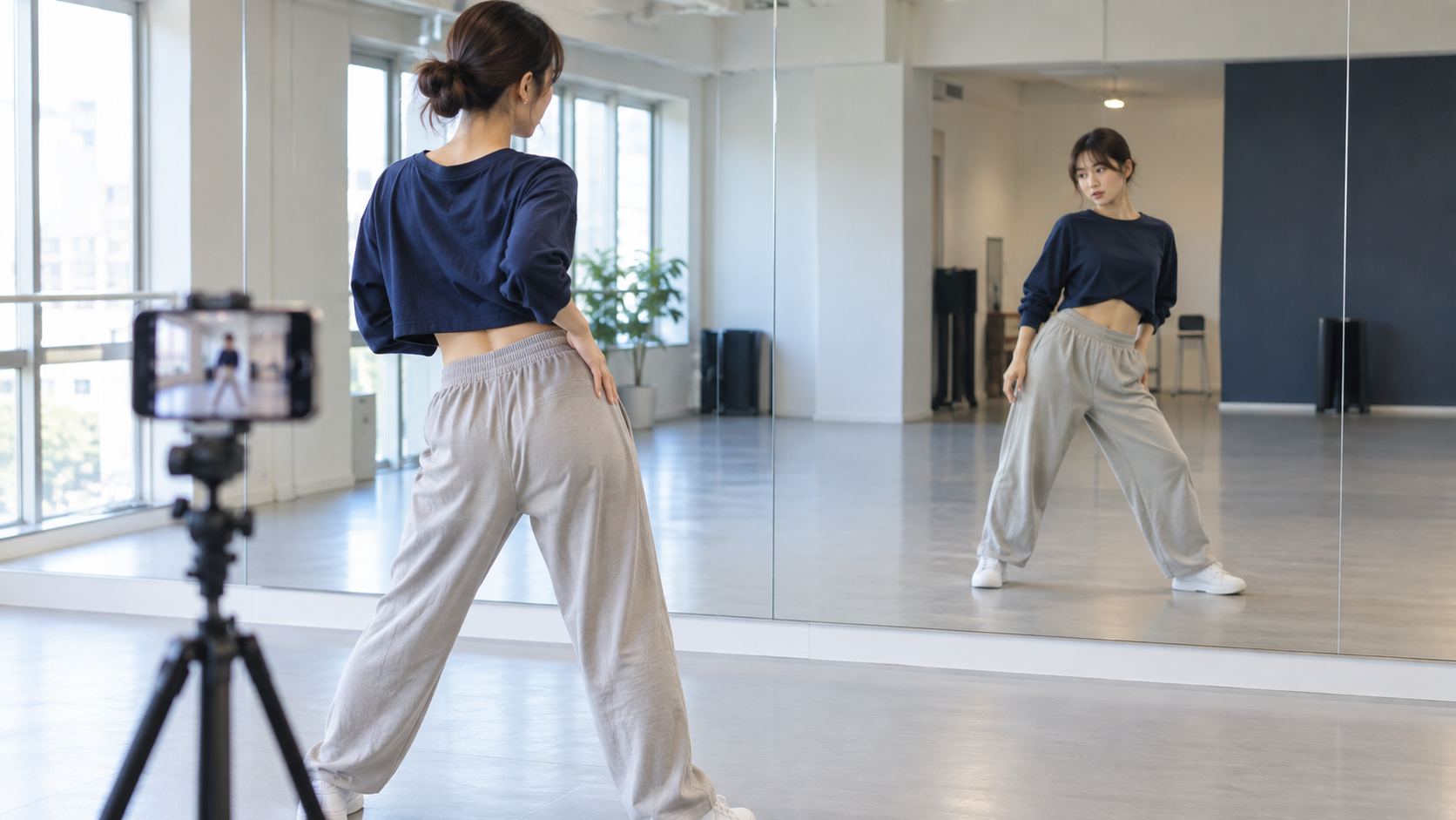 スマートフォンでダンスの体重移動を確認する様子
