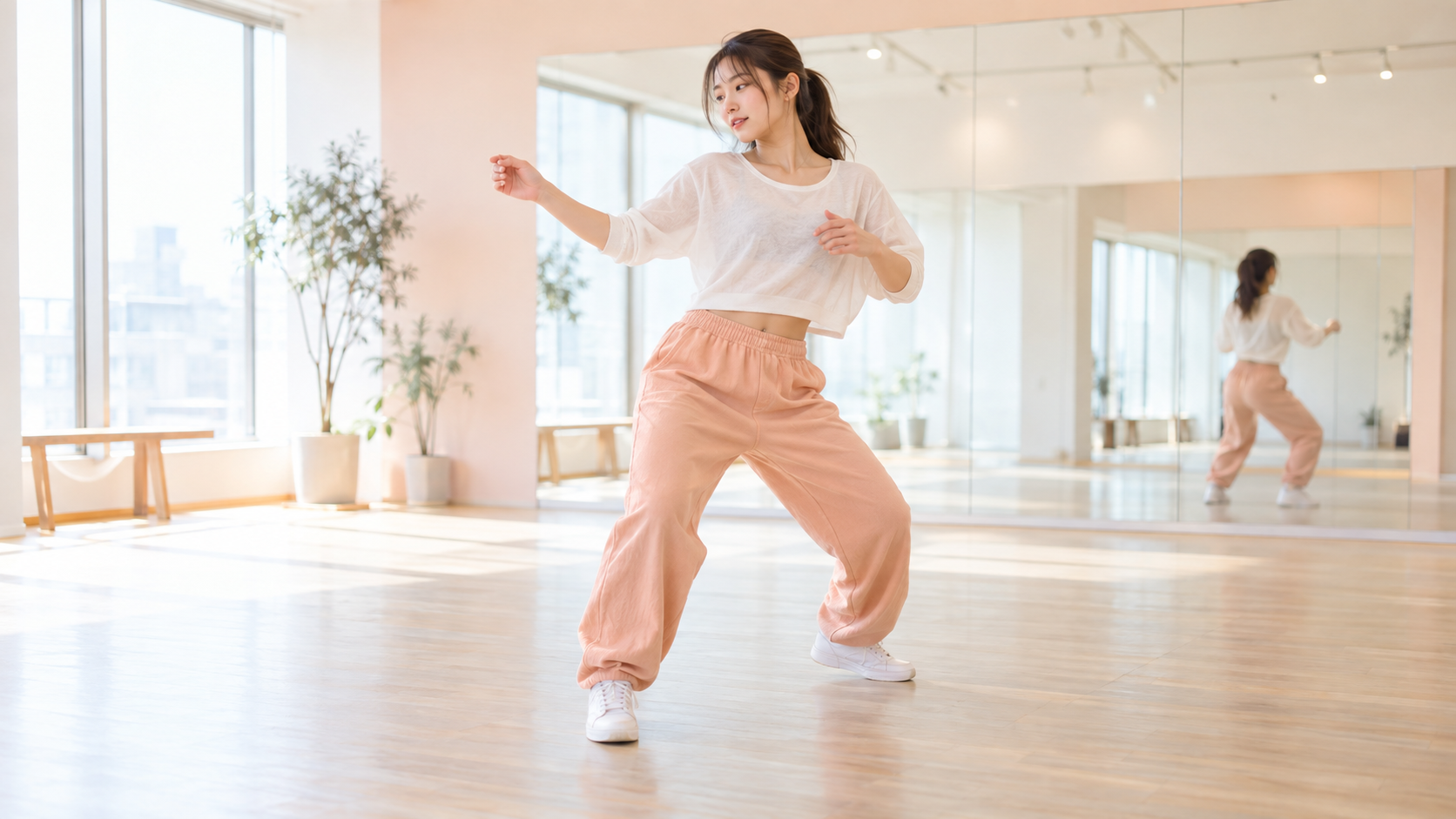 膝で拍を感じながら重心移動を練習するダンサー