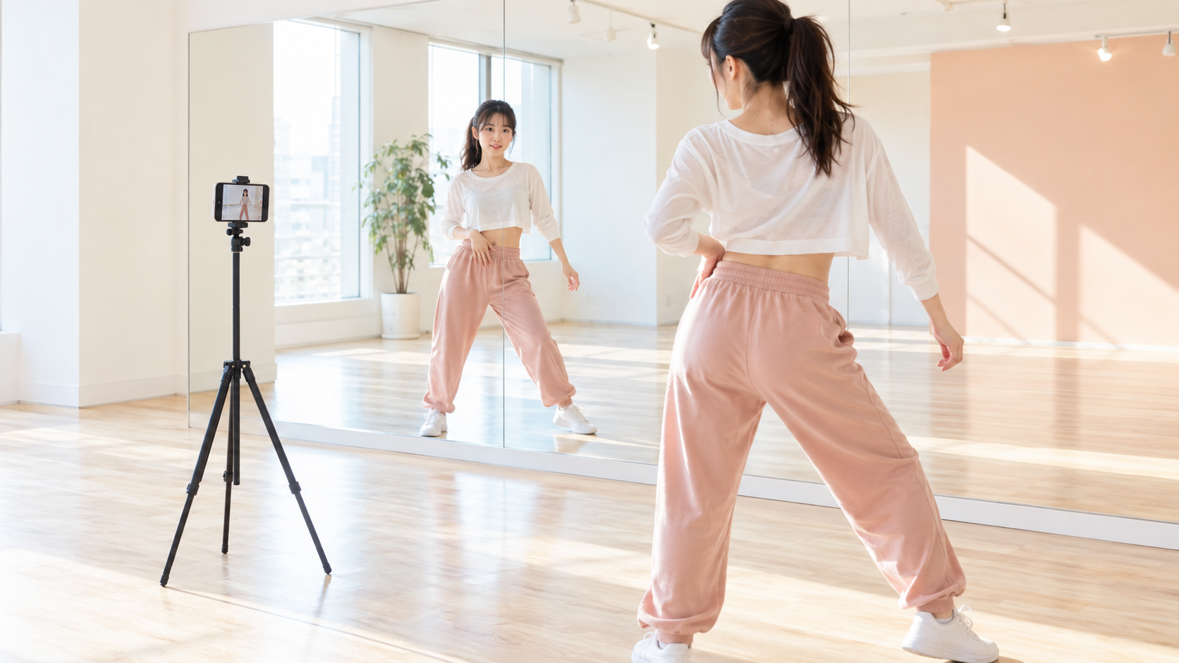 スマートフォンでダンスの体重移動を確認する様子