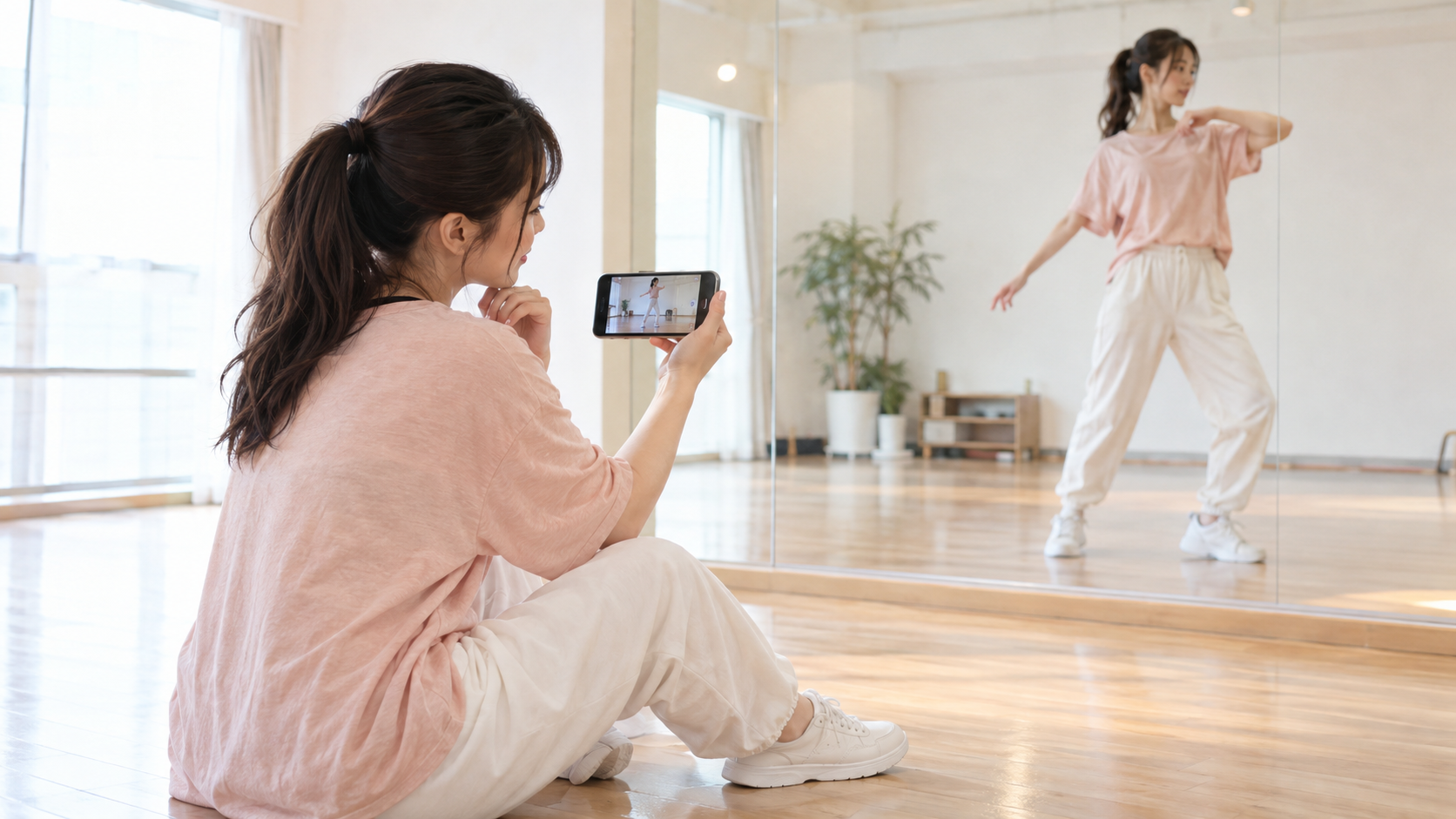スマホ動画で音ハメと余白を確認する岡山校向けダンスイメージ