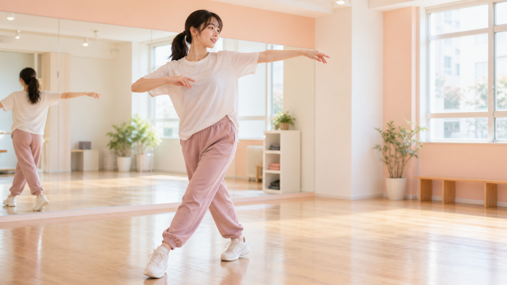 スタジオでダンスの動きを確認する女性